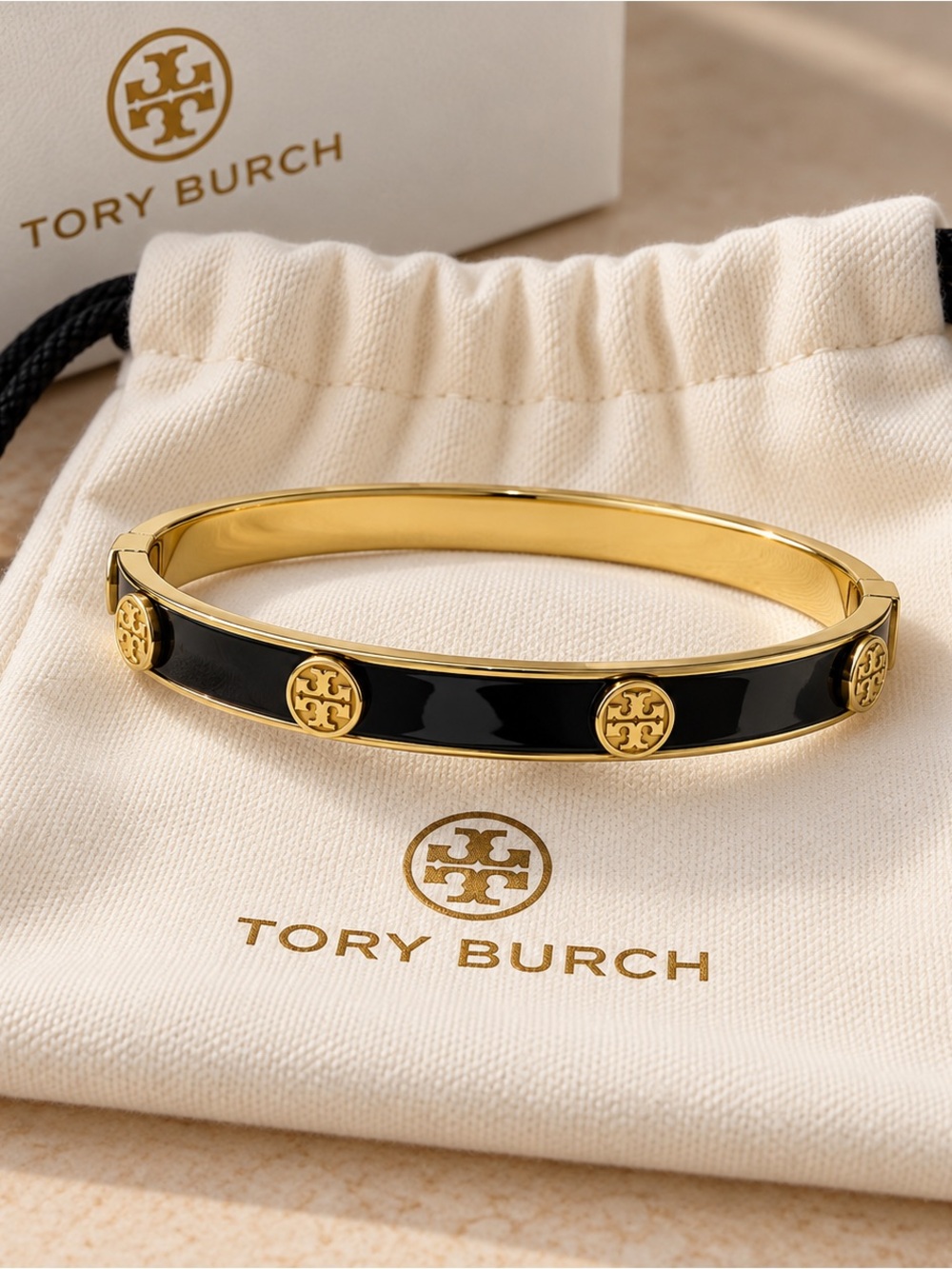 Tory Burch Black and Gold Enamel Logo Disc Hinged Bangle